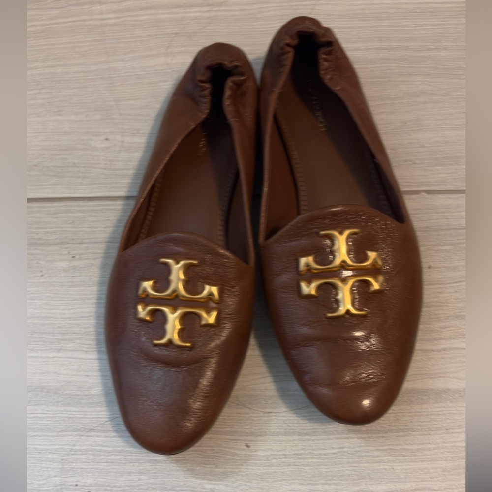 Tory Burch Brown Leather Flats with Gold Logo